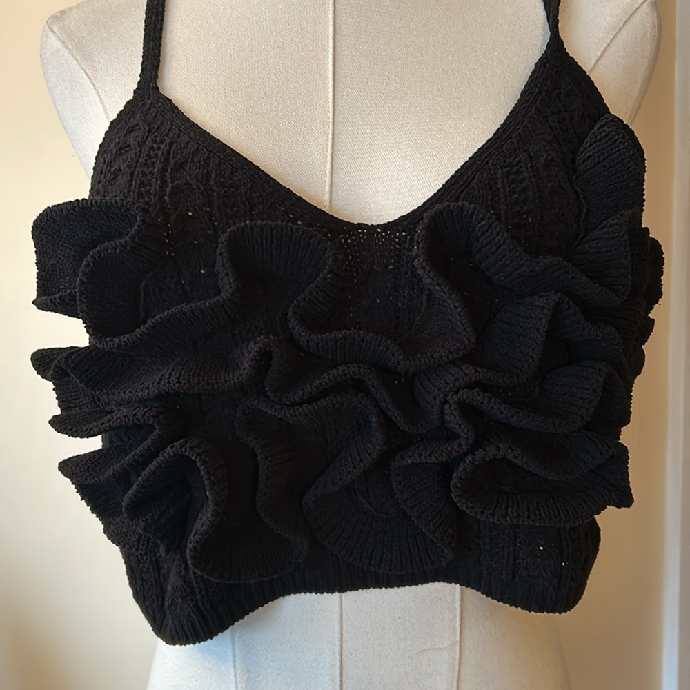 ZARA black ruffled chenille crop top size large - Picture 10 of 13